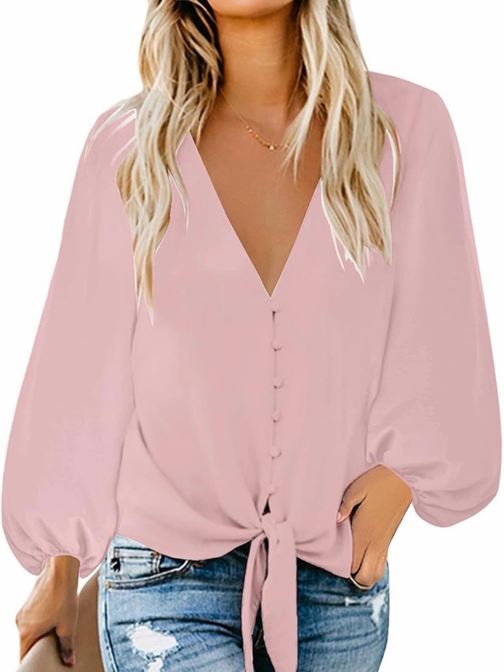 Women's V-Neck Tie-Front Blouse - Pink Size Medium